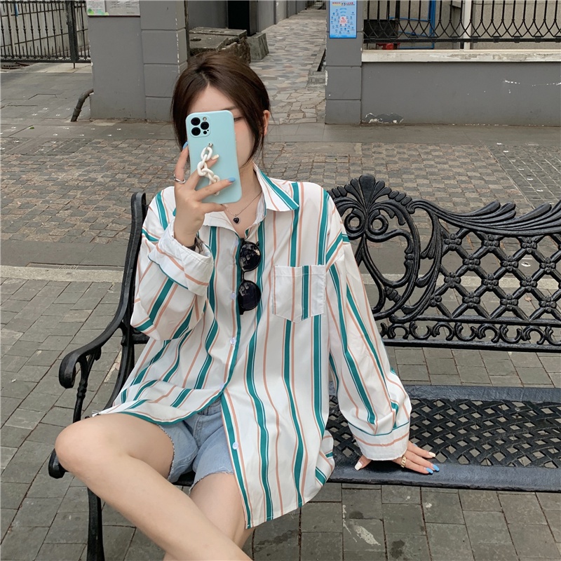 Áo sơ mi tay dài dáng rộng họa tiết kẻ sọc cá tính trẻ trung hợp thời trang dành cho nữ