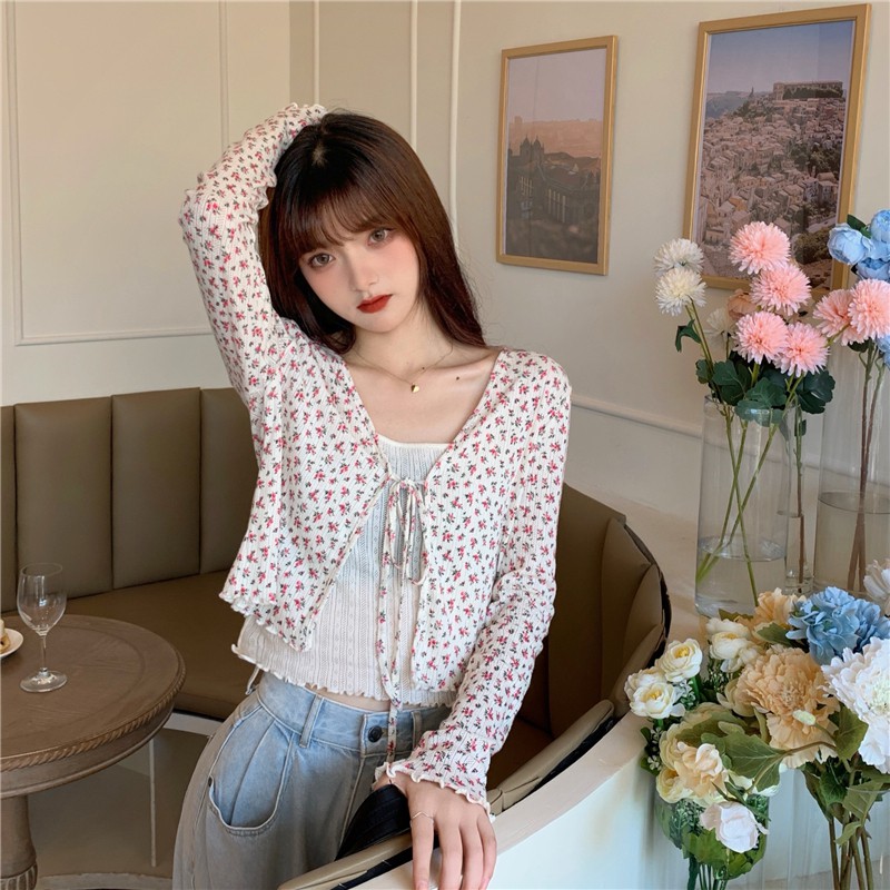 Korean Sweet Slim Sling + Floral Cardigan Sun Protection Two-piece Set | BigBuy360 - bigbuy360.vn