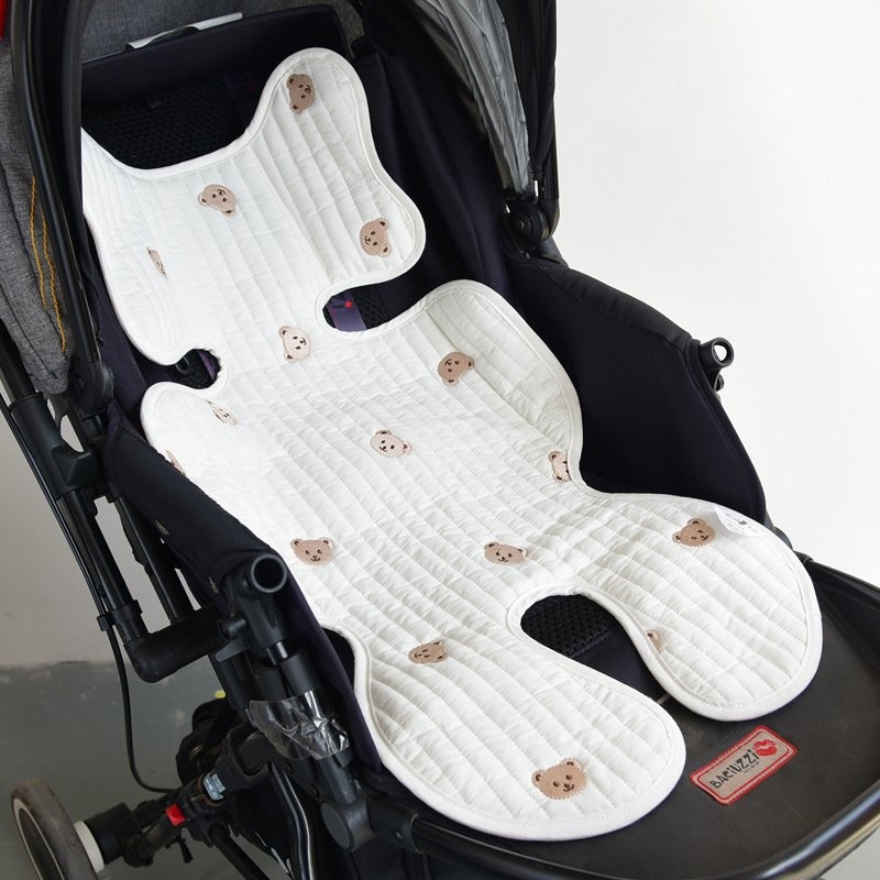 Đệm lót xe đẩy cho bé, miếng lót xe đẩy MỊN KIDS, hoạ tiết gấu thêu chất cotton mềm mịn êm ái