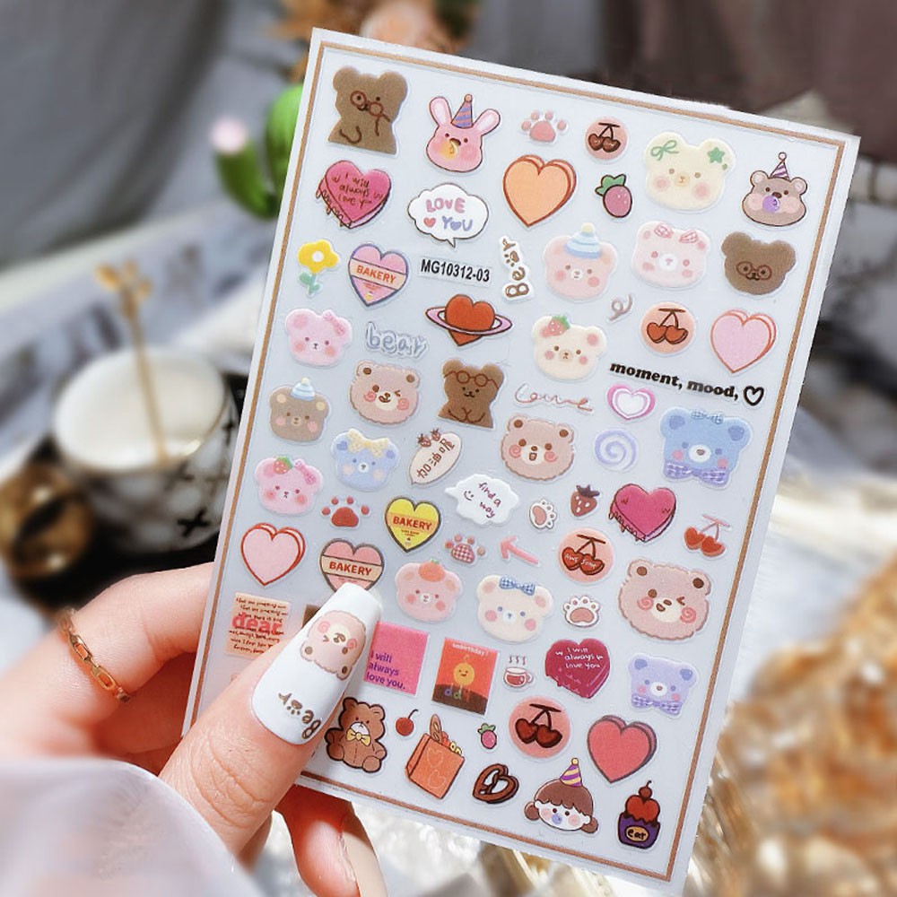 Miếng Dán Trang Trí Móng Tay Hình Gấu Hoạt Hình 3D Xinh Xắn