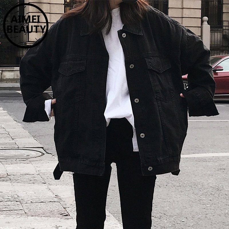 Áo khoác denim đen dáng rộng phong cách Hàn Quốc thời trang xuân thu 2021 dành cho nữ