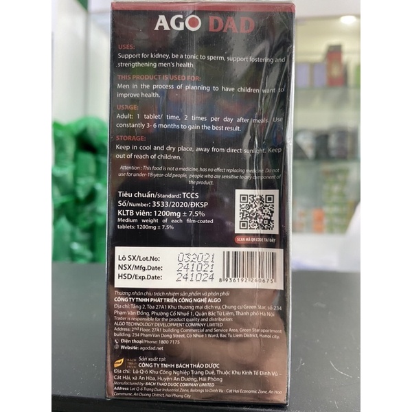 Ago Dad - Hỗ trợ bổ thận, tăng chất lượng tinh trùng, tăng cường sinh lý nam (50 viên)
