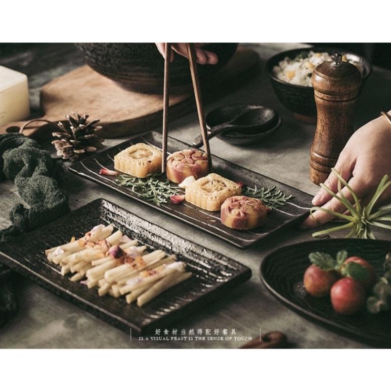 Bộ bát đĩa gốm đen nhám Nhật Bản cao cấp