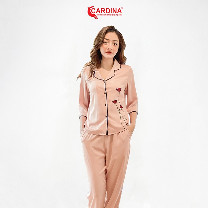 Đồ Bộ Nữ 𝐂𝐀𝐑𝐃𝐈𝐍𝐀 Pijama Chất Lụa Satin Nhật Cao Cấp Quần Dài Tay Lỡ Hoạ Tiết Hoa Tuylip 1Pi04