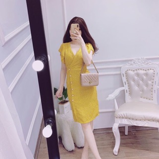 Váy ren lưới khuy lệch cổ V viền bèo