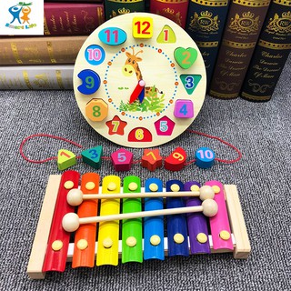 Bộ đồ chơi gỗ,giáo cụ Montessori gồm Combo đàn gỗ 8 thanh và đồng hồ gỗ xâu hạt cho bé