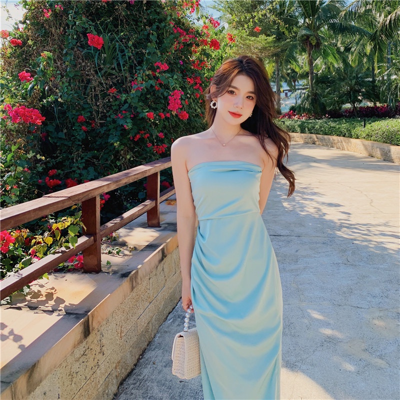 Đầm Dài Dạng Ống Hở Vai Nhấn Eo Xẻ Tà Màu Xanh Bạc Hà Tươi Tắn