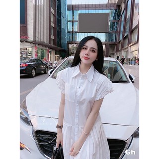 Đầm babydoll trắng cổ sơ mi chân váy đuôi cá xếp li Freesize 42-60kg - XungStore