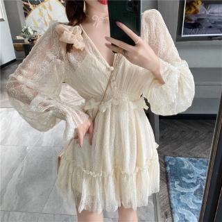 Đầm Cổ Chữ V Phối Bèo Thiết Kế Chiết Eo Cao Phong Cách Pháp