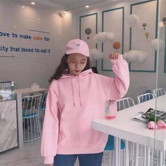 Áo Hoodie Trơn Unisex Tay Dài Hồng Phấn