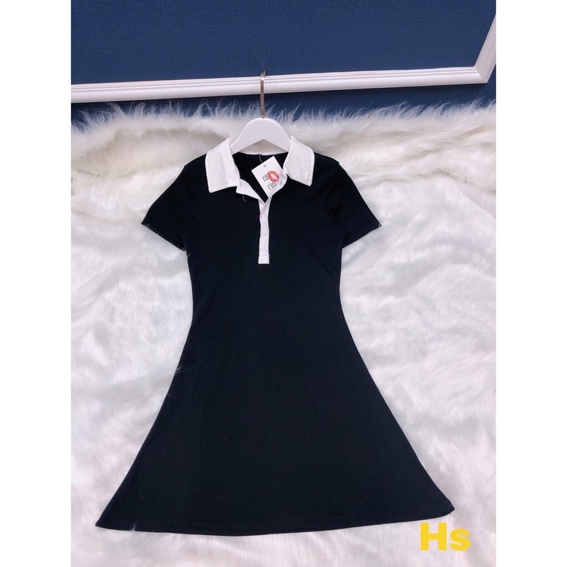 VÁY POLO DÁNG XÒE MÀU ĐEN PHỐI CỔ TRẮNG <60KG | BigBuy360 - bigbuy360.vn