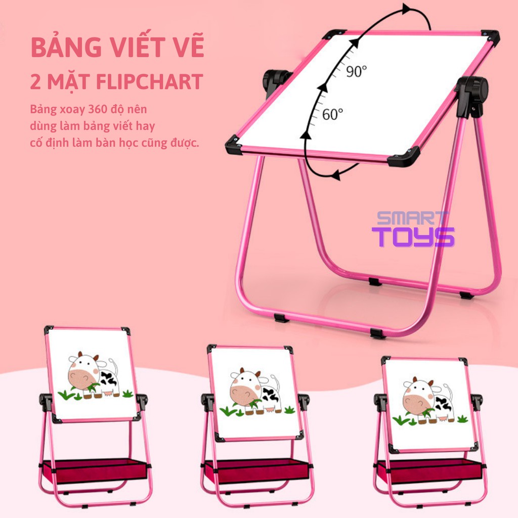 Bảng Flipchart cho bé có 2 mặt, xoay 360 độ, điều chỉnh chiều cao, mặt có từ tính, chống lóa