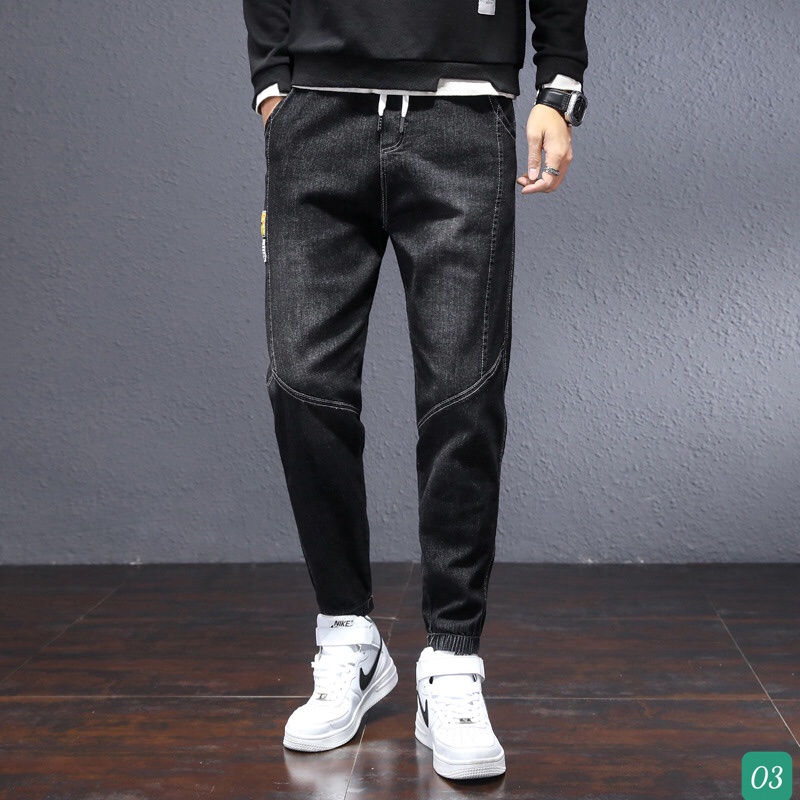 Quần Jeans Jogger Nam Chất Bò Rin Cao Cấp Xám Xanh Trơn Ống Bó Lưng Thun Co Giãn Basic T25
