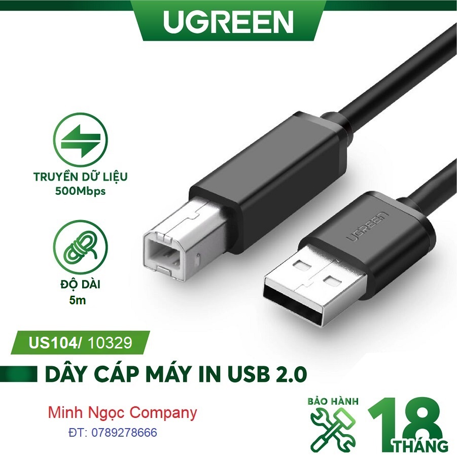 Dây máy in USB 2.0 dài 1,5m đến 5m UGREEN 10845 US104 - Hàng Chính Hãng