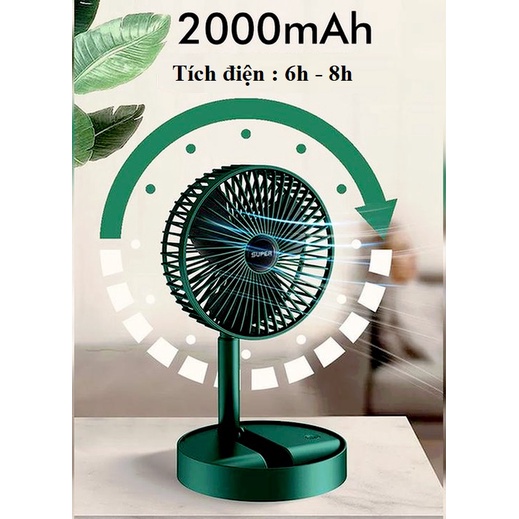 Quạt Tích Điện Gấp Gọn Để Bàn Mini Super Tiện Dụng 3 Cấp Độ Gió, Độ Cao Linh Hoạt, Sạc USB
