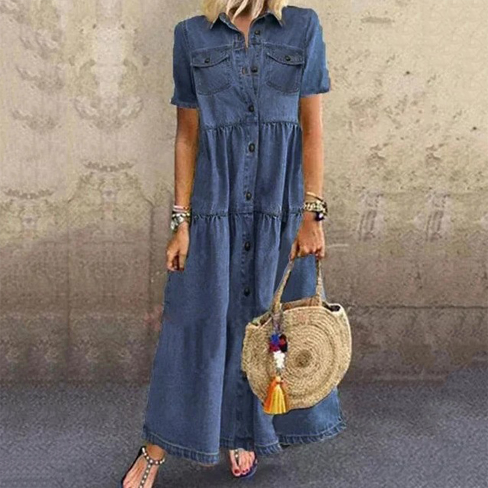 Đầm Denim Tay Ngắn Cổ Bẻ Phối Nút Phong Cách Retro