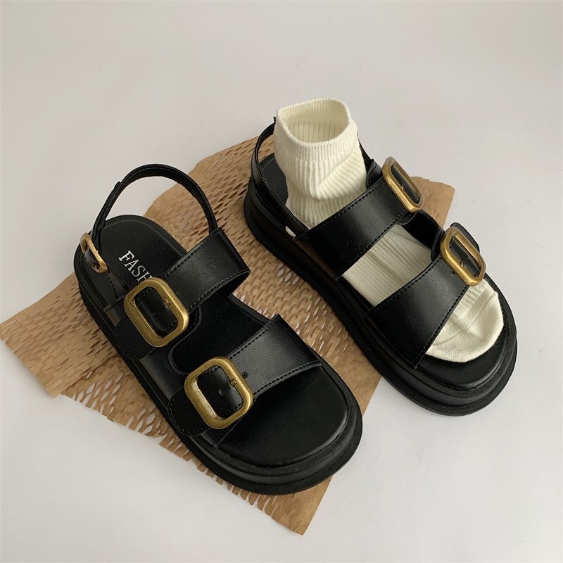 Giày Sandal Nữ Ulzzang bản cao cấp - Giày quai hậu nữ hai quai khuy vàng mẫu mới đi học mang áo dài