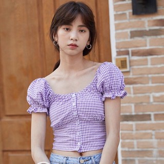 Áo cổ vuông ôm ngực áo cổ vuông carô tay phồng A10