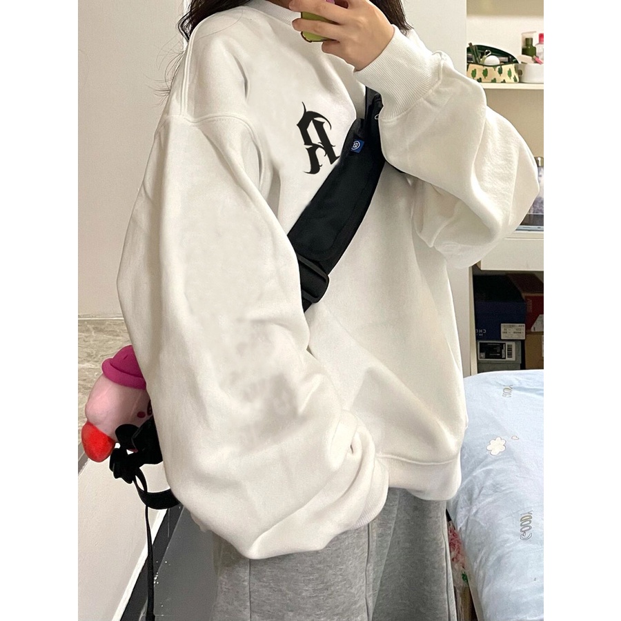 SELVZE Áo sweater tay dài dáng rộng in họa tiết thời trang retro Mỹ cho nữ