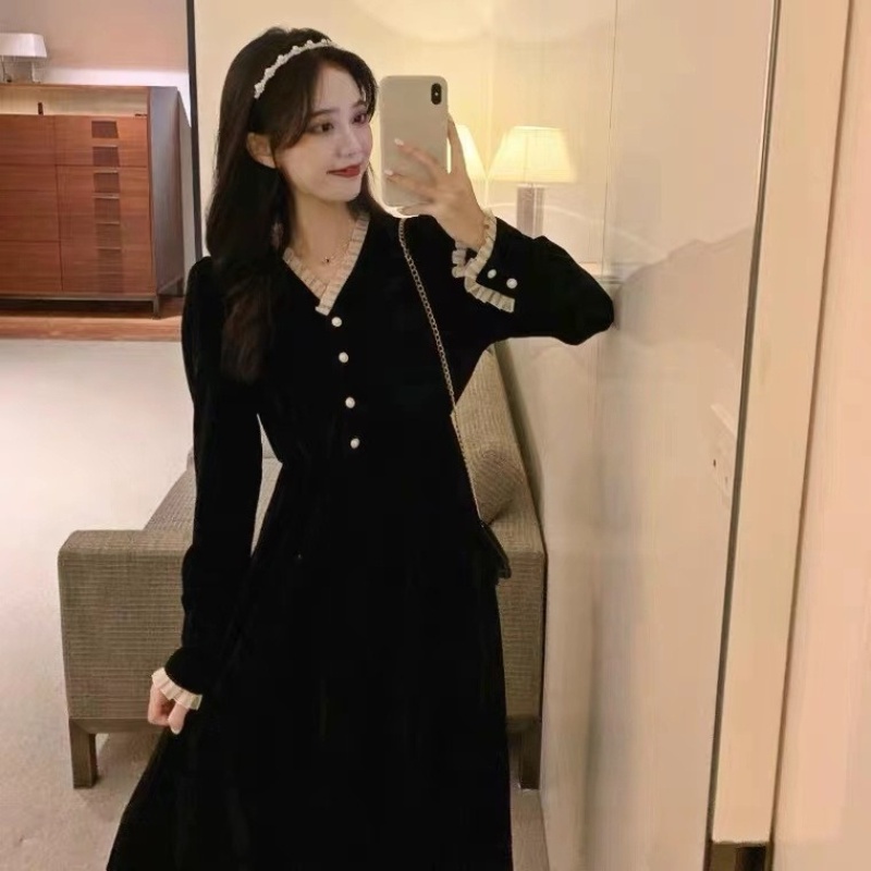 Đầm nhung phong cách retro mùa thu thời trang Hàn Quốc cho nữ