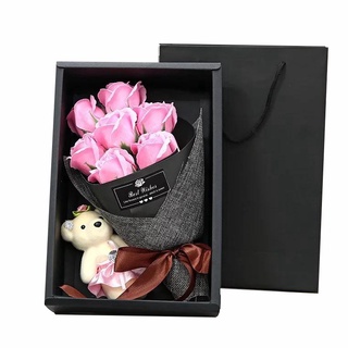 Bó Hoa Hồng Sáp Thơm Bó 7 Bông Kèm Gấu Tặng Người Yêu Rất Lãng Mạng Có Hộp Sang Trọng (Hộp Đen Giỏ Xách Đen) Quà 20/10