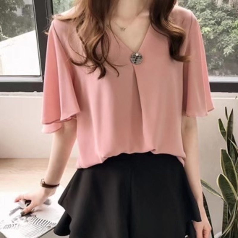 Áo Voan Ngắn Tay Thời Trang Xinh Xắn 156357 Áo Sơ Mi Tay Lá Sen Dáng Rộng Thiết Kế Đơn Giản Thời Trang