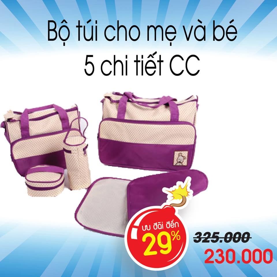Sét Túi đựng đồ cho mẹ và bé 5 chi tiết, bộ túi đựng 5 món, đựng quần áo bình sữa cho bé