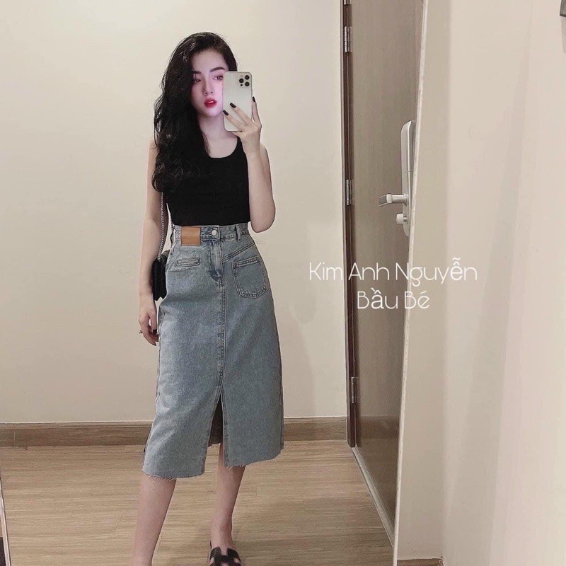 Chân váy jeans midi tag da, xẻ trước 😍Chân váy bò dáng dài (ảnh và video shop chụp)