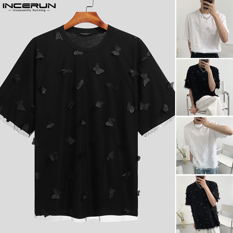 Áo thun INCERUN tay ngắn giả hai lớp màu trơn họa tiết bướm dành cho nam giới