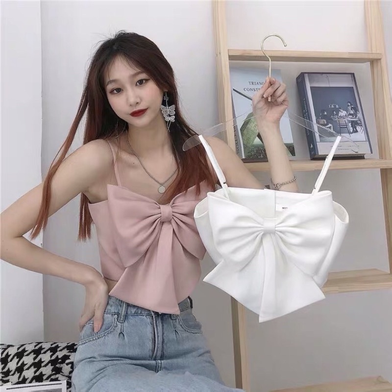 Áo Lụa Crotop 2 Dây Nơ Bản To Trước Ngực Vintage Siêu Xinh mã KM012