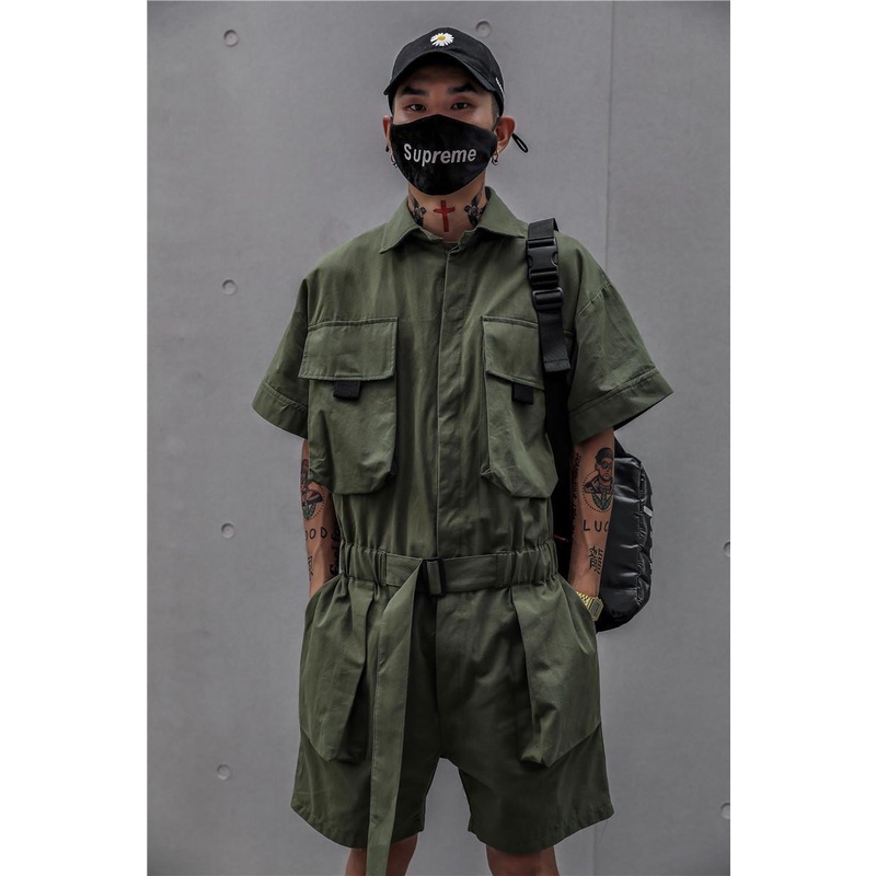 Jumpsuit tay ngắn dáng rộng phong cách nhật bản thời trang mùa hè cho nam