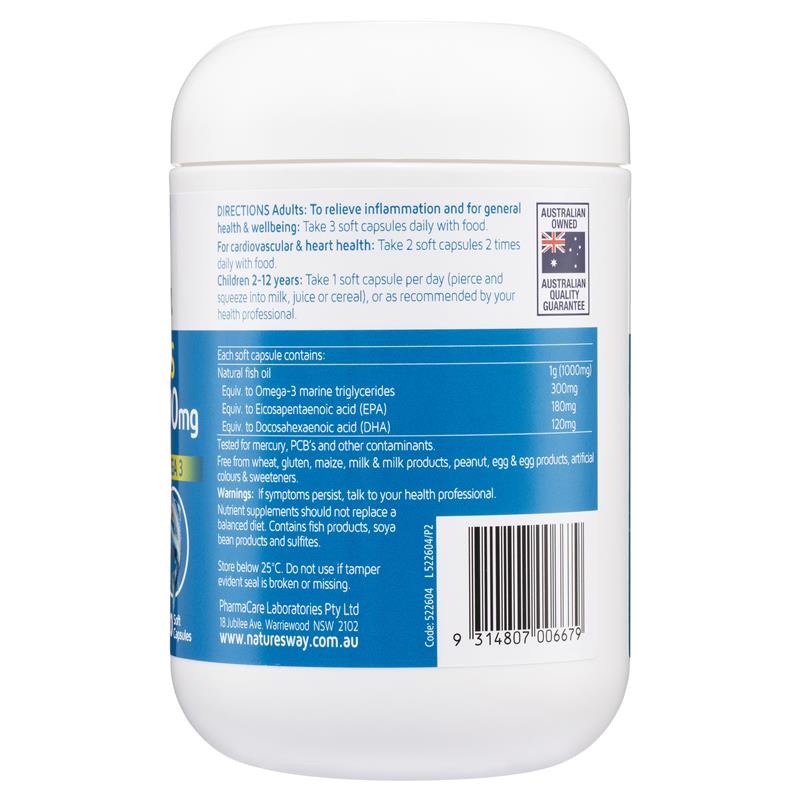 Viên uống Nature's Way Odourless Fish Oil 1000mg 200 viên dầu cá tự nhiên không mùi, hỗ trợ cho não bộ thị lực