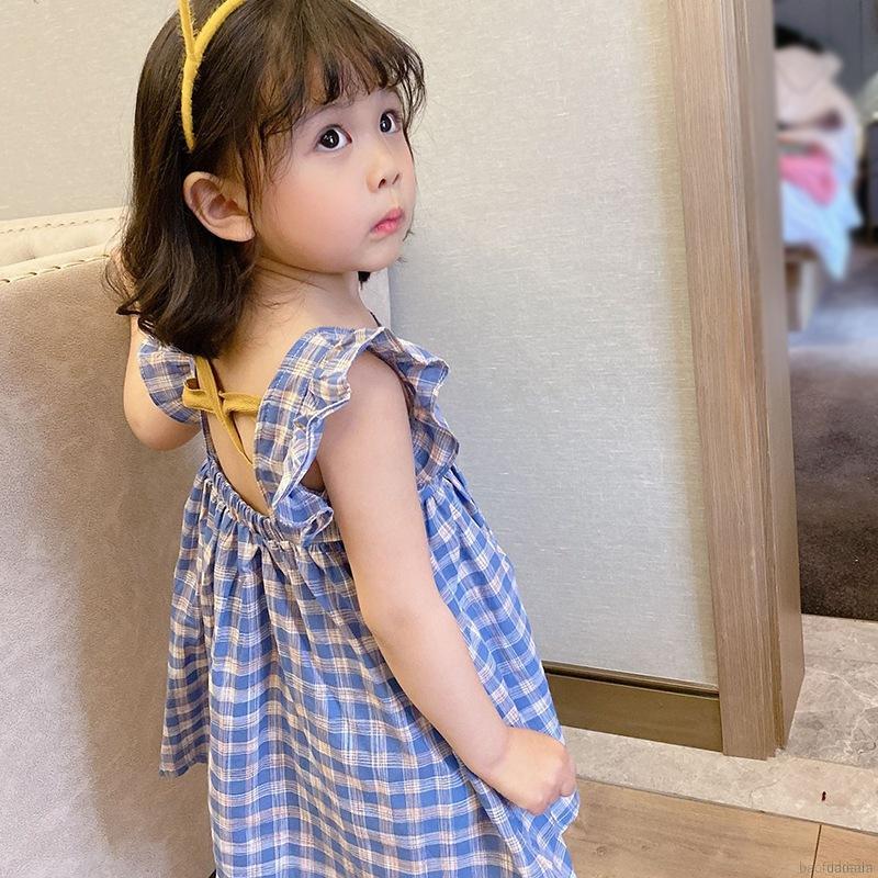 Đầm công chúa cổ tròn tay cánh tiên kẻ sọc caro cho bé gái