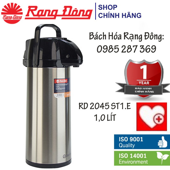 Phích Nước Rạng Đông INOX Cao Cấp 1 Lít Có Cần Bơm Nước, Đế Xoay 360 Độ (1045ST1.E)