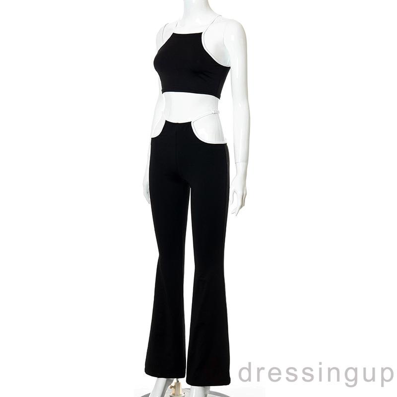 Bộ Đồ 2 Món Áo Croptop Phối Màu + Quần Lưng Cao Khoét Lỗ Thời Trang Mùa Hè Cho Nữ Đen