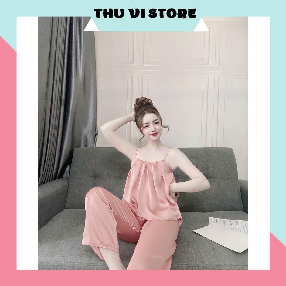 Đồ Bộ Mặc Nhà, Đồ Ngủ Lụa Áo 2 Dây Xếp Ly Quần Dài Chất Lụa Satin Cao Cấp Form Rộng Rãi Dưới 65kg Mặc Vừa. | BigBuy360 - bigbuy360.vn