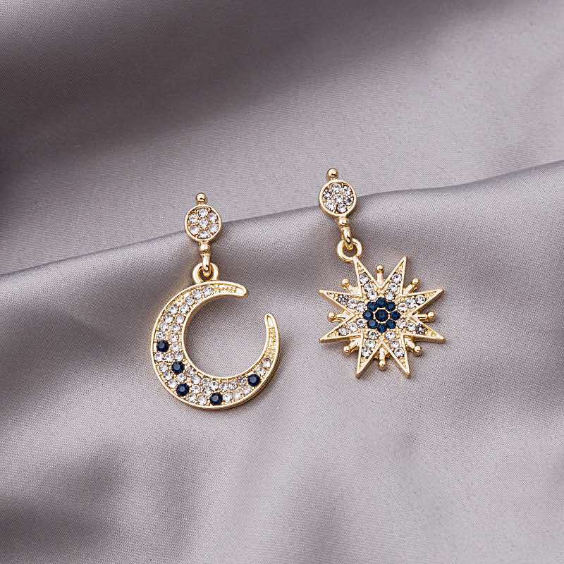 Bông Tai Mạ Bạc 925 Hình Mặt Trăng Mặt Trời Đính Kim Cương Giả Toàn Diện Phong Cách Retro Hàn Quốc Cho Nữ