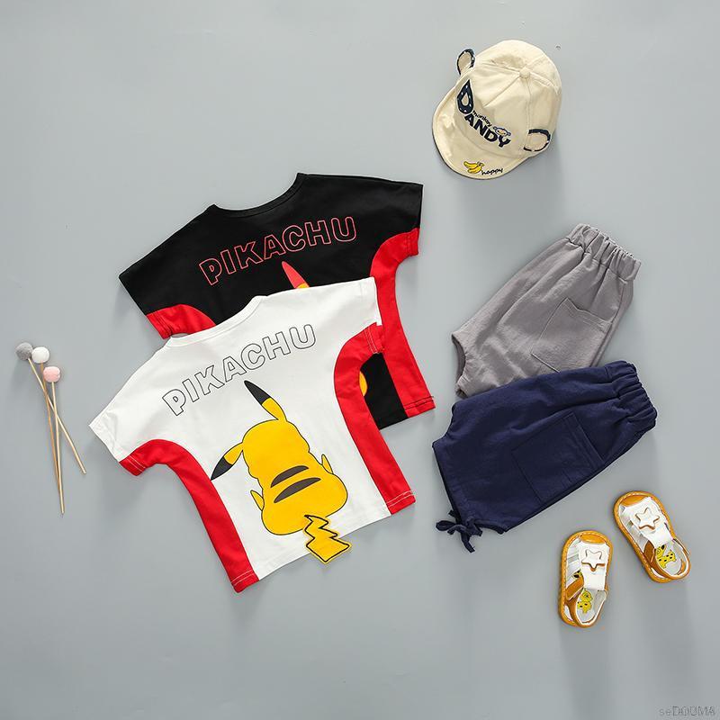 Set Áo Sơ Mi Tay Ngắn Hình Pikachu + Quần Short Thiết Kế Đơn Giản Thời Trang Mùa Hè Dành Cho Bé Trai