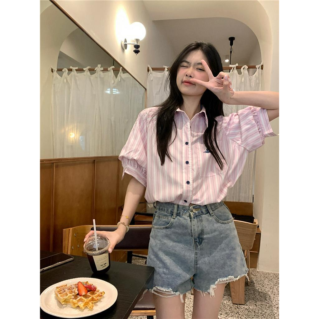 Áo Sơ Mi Kẻ Sọc Dáng Rộng Ngắn Tay Thời Trang Cao Cấp 64236