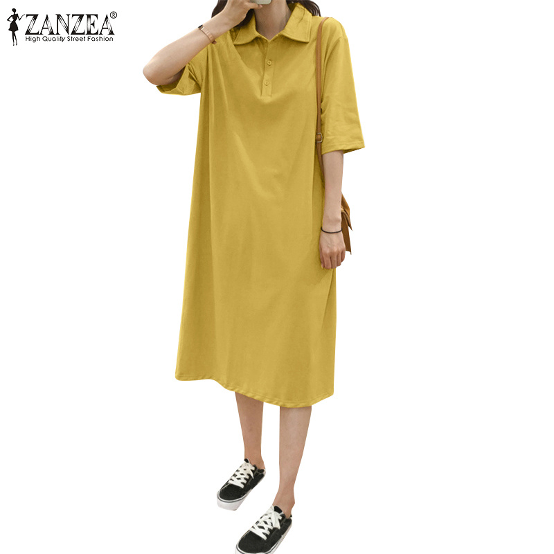 Đầm Midi ZANZEA Cổ Bẻ Tay Ngắn Có Khuy Phía Trước Đầm Dành Cho Bạn Nữ