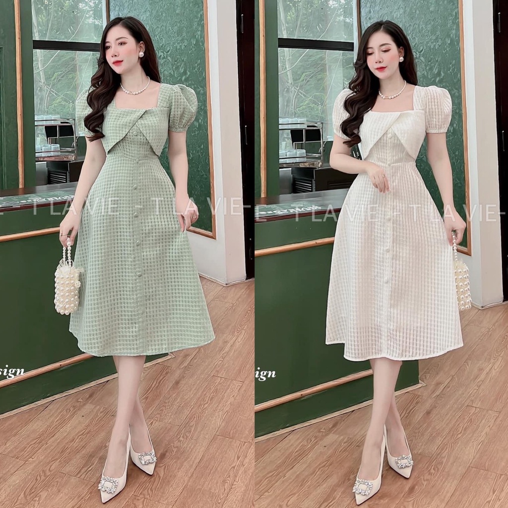Đầm váy nữ dáng xòe dự tiệc cổ vuông tay phồng đính nút với 2 màu( xanh, trắng) sang chảnh, xinh xắn dành cho nàng