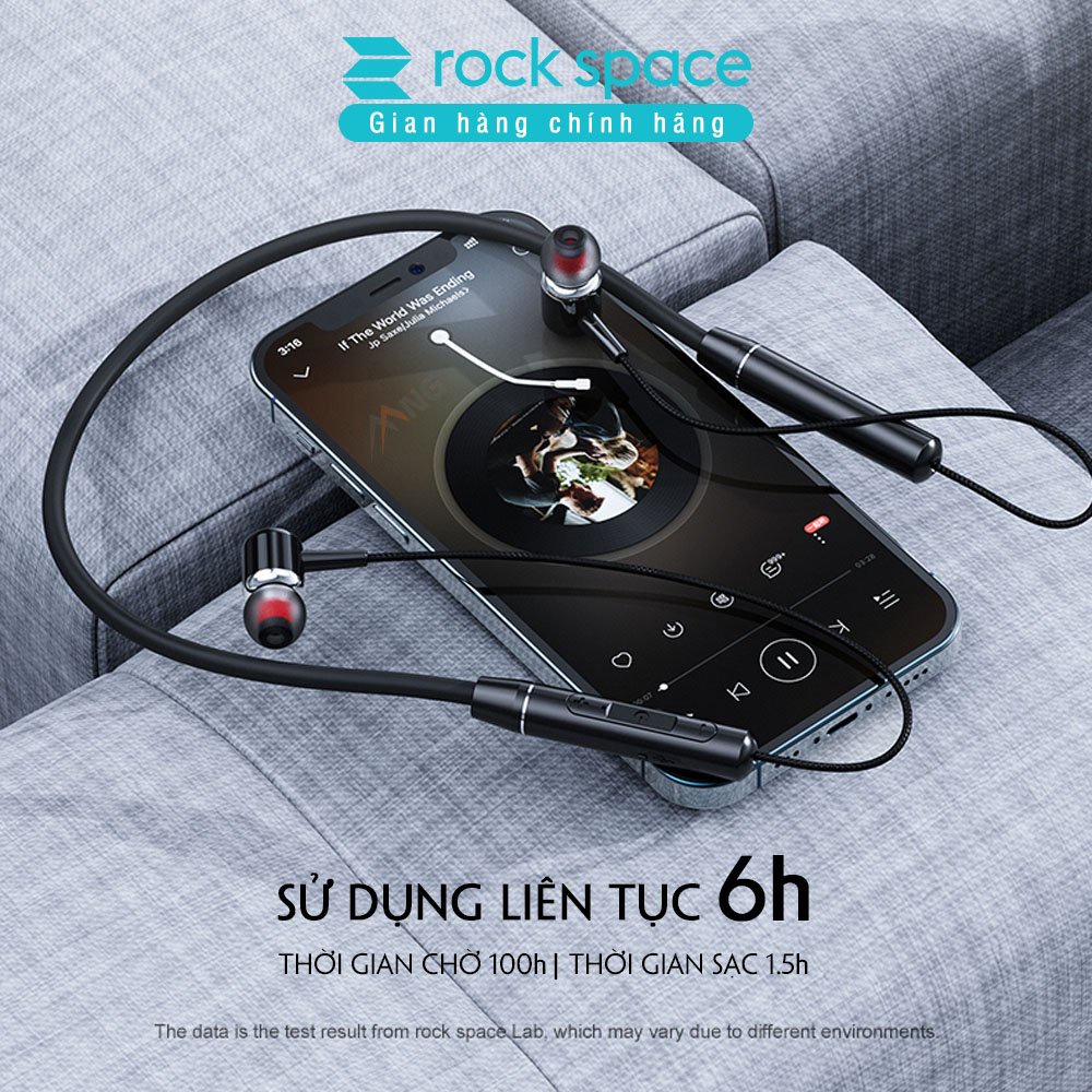 Tai nghe bluetooth không dây thể thao Rockspace B6, dành cho chạy bộ, tập GYM, thiết kế nhét tai, có micro, pin 6 tiếng