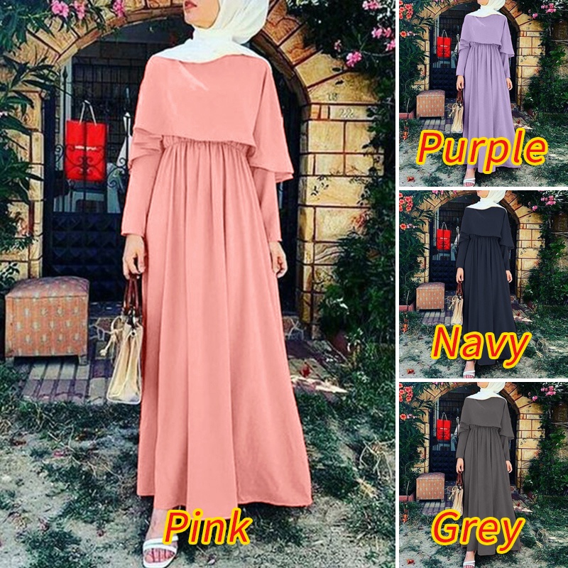 Đầm Dài Hai Lớp Eo Thun ZANZEA Cho Phụ Nữ Hồi Giáo