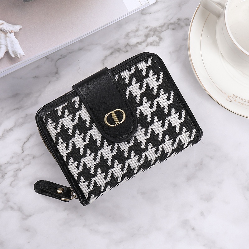 Ví Vải Canvas Dáng Ngắn In Họa Tiết Houndstooth Cá Tính Cho Nữ