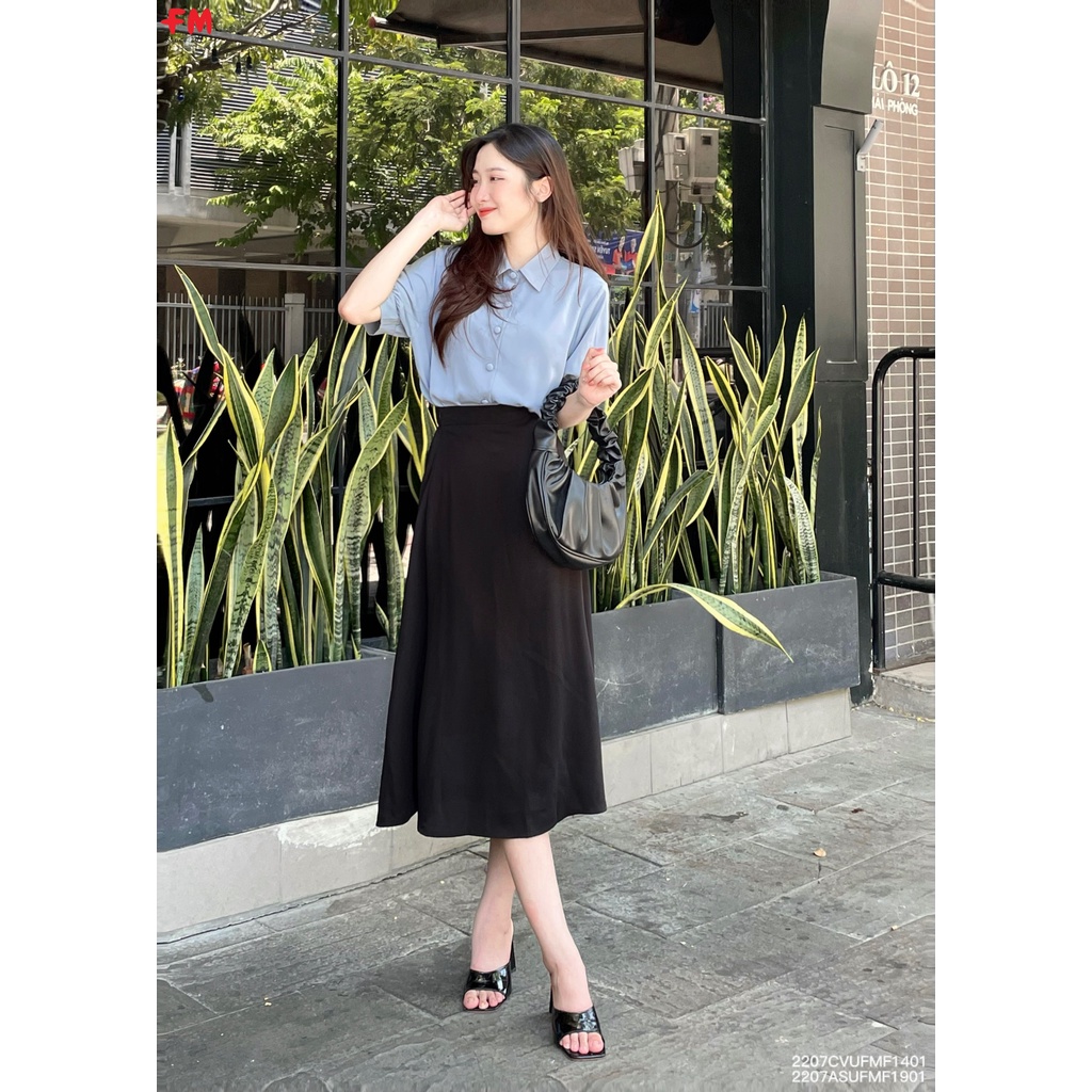 Chân váy midi nữ Fm Style dáng dài chữ a xòe trơn chất vải mềm mại mang đi học đi làm 23031342