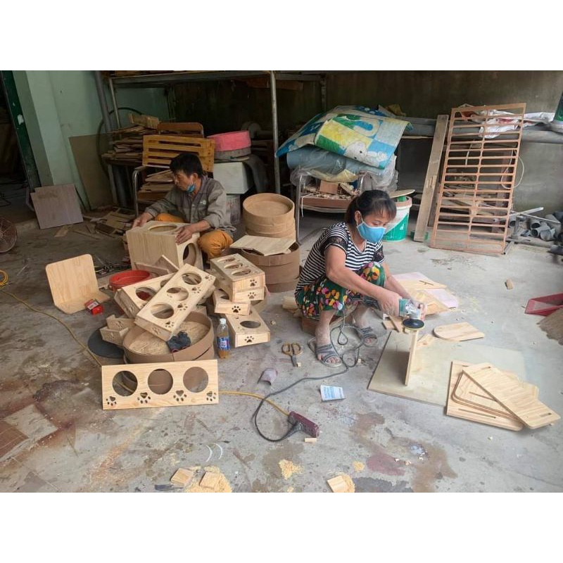 Khay ăn bằng gỗ cho mèo kèm bát