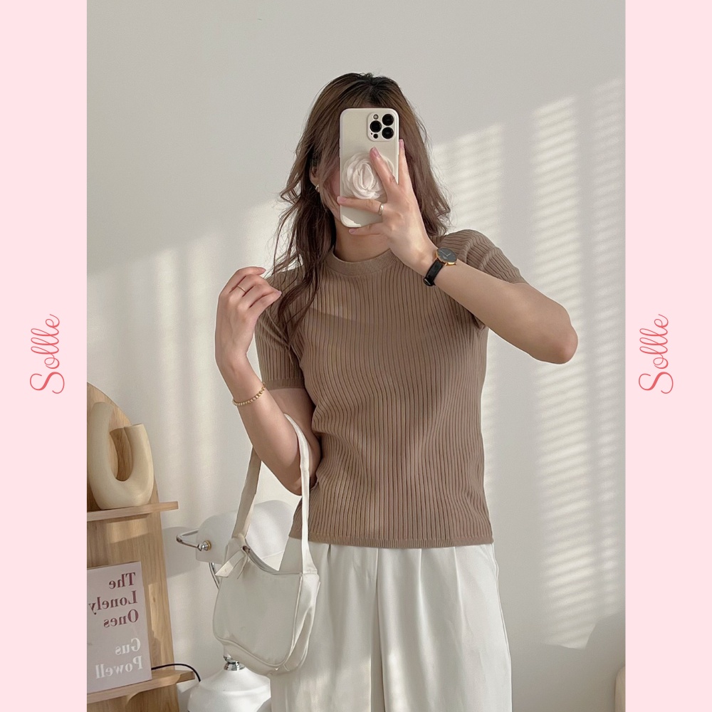 Áo len mongtoghi trơn cổ tròn ngắn tay gân dọc hè thu basic nhiều màu Hàn Quốc Sollle