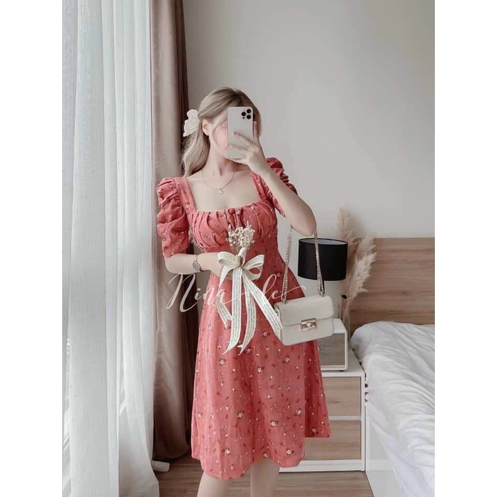[9.9 Sales Freeship] Đầm hoa cổ vuông nhún ngực tay phồng, đầm maxi hoa đính nút ôm eo dáng xòe đi biển xinh xắn