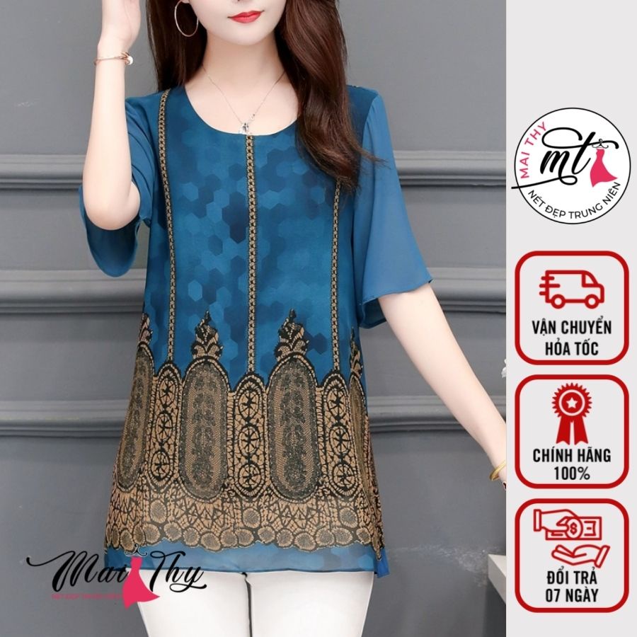 Áo Trung Niên MT550, Mẫu Áo Kiểu Ngắn Tay Cổ Tròn Họa Tiết Thổ Cẩm Đẹp Trang Nhã | Thời Trang Trung Niên