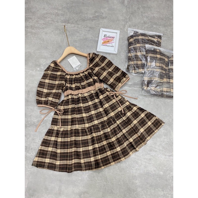 [Siêu hot] Váy Nữ Kẻ Nâu Chun Éo Dáng Xoè, Đầm Nữ Dáng Babydoll Cổ Vuông Có Ảnh Thật Kèm Video | BigBuy360 - bigbuy360.vn